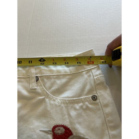 UMGEE Sz Large White Denim Mini Skirt Floral Embroidered Birds Boho Raw Hem Fall - Picture 11 of 13